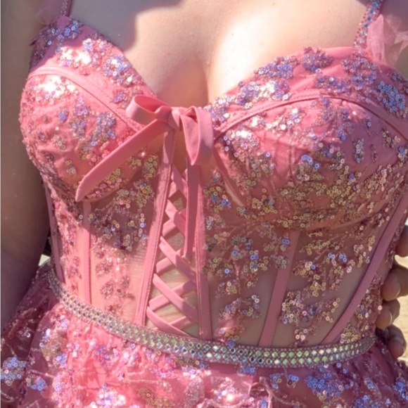 Glitter Mesh Corset Tiered Ballgown with Sequin and Ruffle Detail.
Prom dress. - Picture 3 of 17